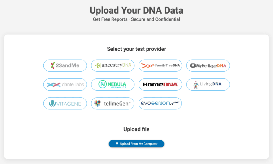 Liste der 11 Testanbieter in Form von anklickbaren Schaltflächen Sequencing.com bezieht Daten von