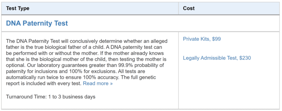 Details of the Genetrack Biolabs paternity test 