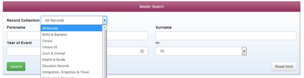 A record collection search on TheGenealogist
