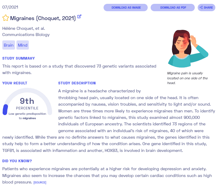 Sample report on migraines from Nebula Genomics