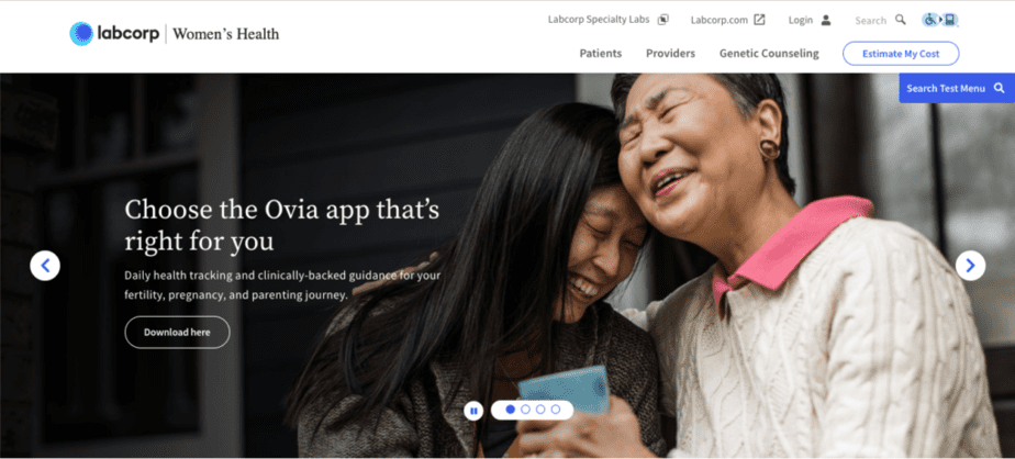 Homepage banner photo featuring an older Asian woman hugging and laughing with a younger Asian woman, both with eyes closed. The name of the company appears on the top left and links to several pages on the right