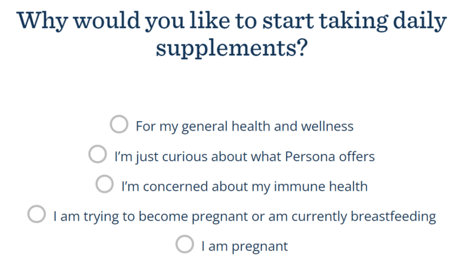 Persona Nutrition Assessment example question