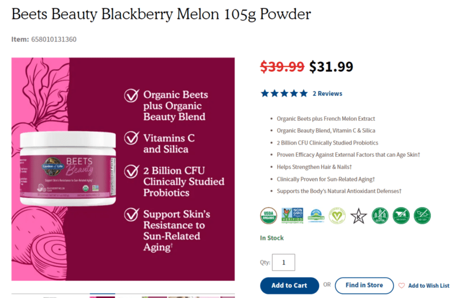 Beets Beauty Powder vendido por Garden of Life