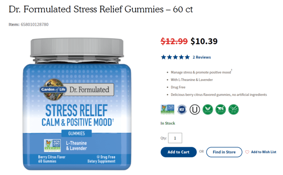 Dr. Formulated Stress Relief Gummies vendus par Garden of Life