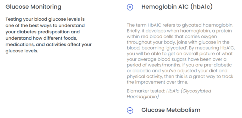 Section of the Diabetes test product page