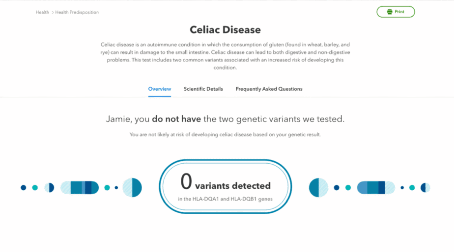 23 and Me test result for celiac disease indicating 0 variants detected on this sample patient name Jamie