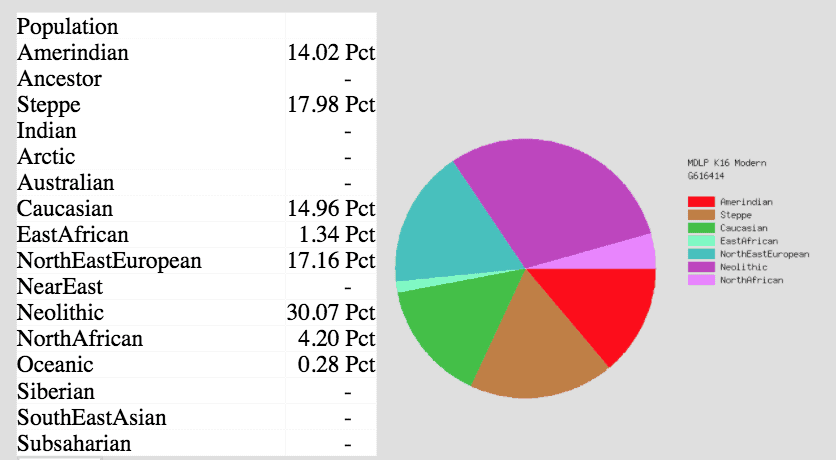 Composição de ascendência gerada pelo GEDMatch numa tabela e como um gráfico circular