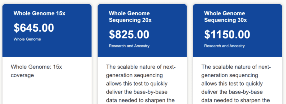 Listagem de três testes de sequenciação de genomas completos oferecidos pela Full Genomes