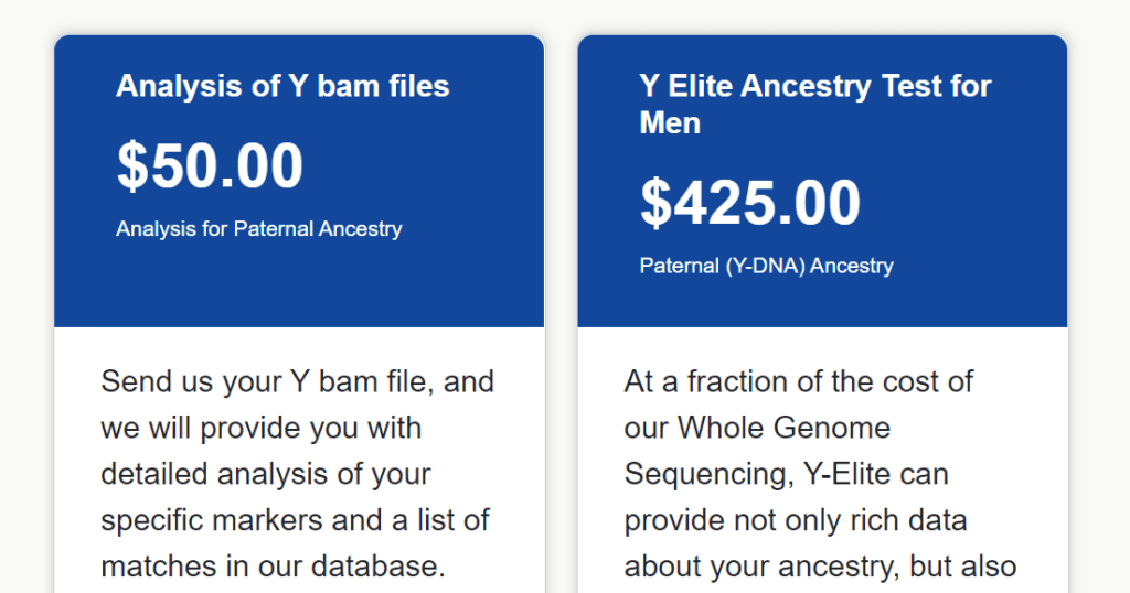 Name, price, and description of two Y-chromosome analysis tests