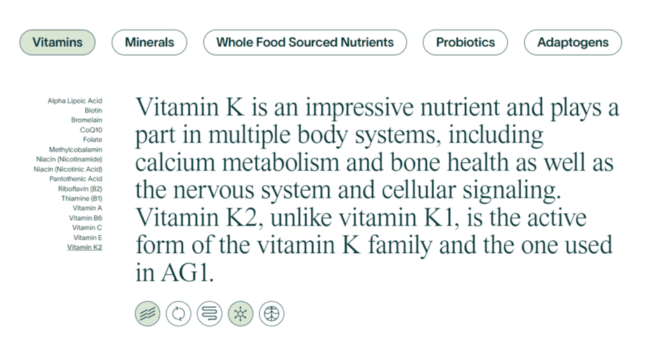 Sample of the Athletic Greens ingredient page