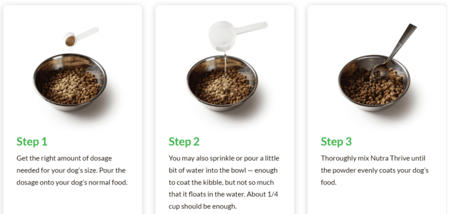 3 panels showing the 3 steps to adding Nutra Thrive to a dog's food