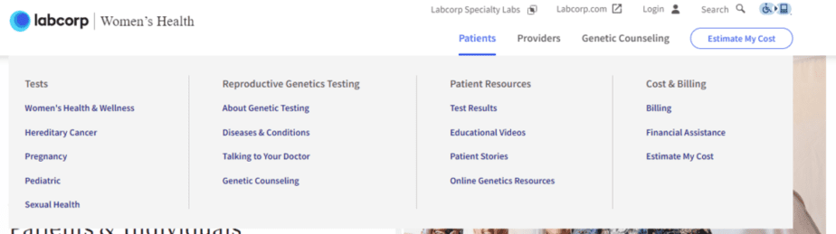 Screenshot of a dropdown Patients menu on Integrated Genetics featuring four columns, Tests, Reproductive Genetics Testing, Patient Resources, and Cost & Billing and their subcategories