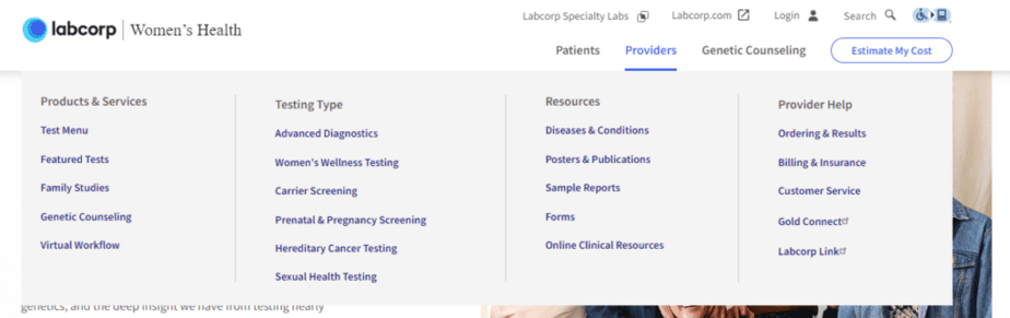 Screenshot of a dropdown Providers menu on Integrated Genetics featuring four columns, Products and Services, Testing Type, Resources, and Provider Help, and their subcategories