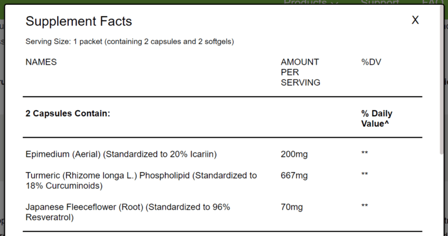 Образец информации о питании Relief Factor