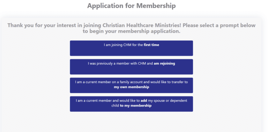 Christian Healthcare Ministries application page