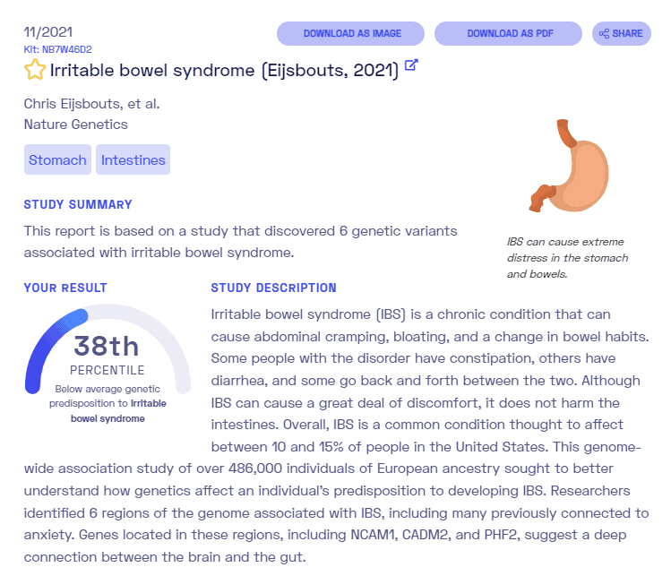 Sample genetic report on IBS from Nebula Genomics