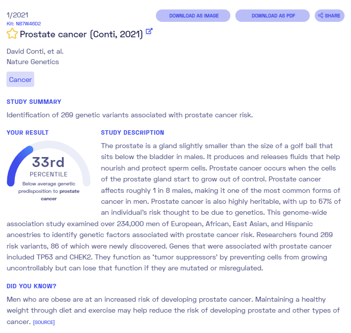 Sample report on prostate cancer from Nebula Genomics