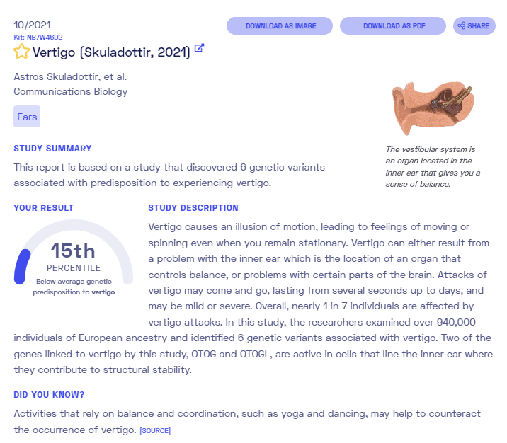 Sample genetic report on vertigo from Nebula Genomics