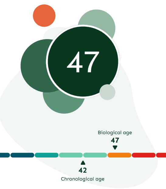 Sample of a GlycanAge report showing a biological age 5 years older than a chronological one