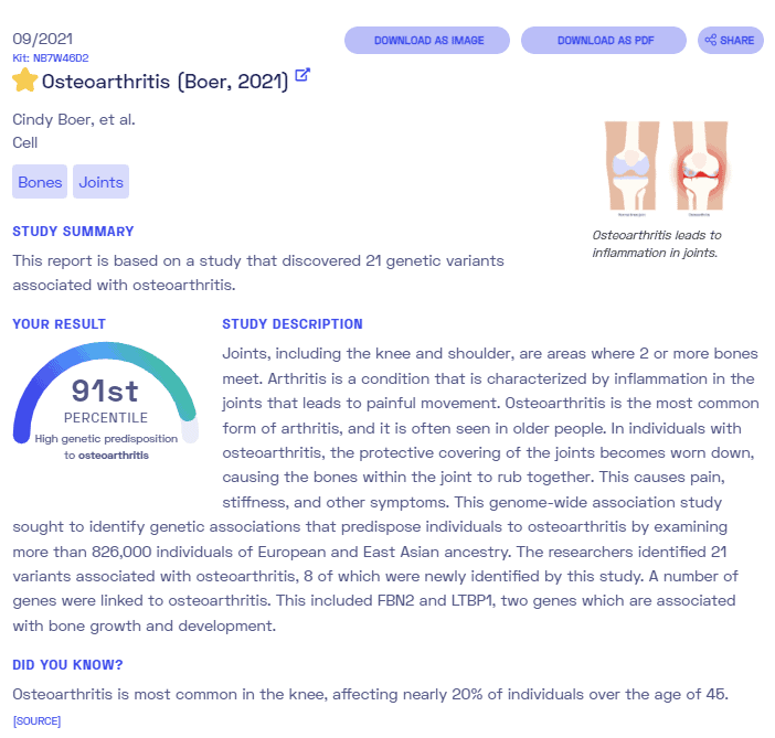 Sample report on osteoarthritis from Nebula Genomics