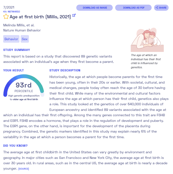 Sample report on age at first birth from Nebula Genomics