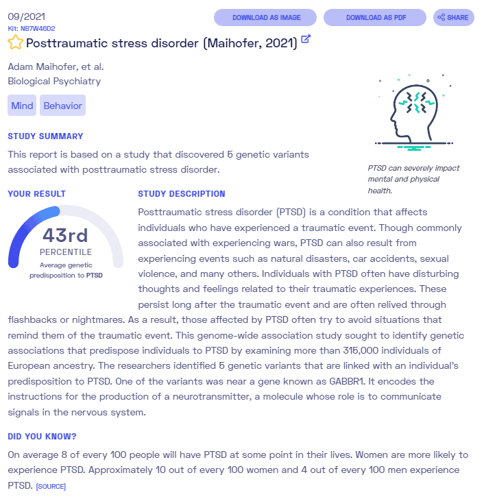 Sample report of PTSD from Nebula Genomics