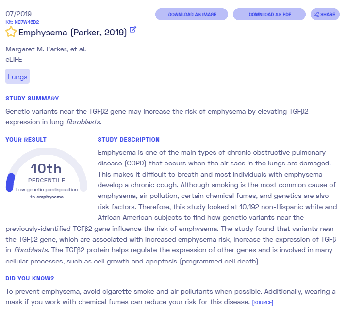 Sample report on emphysema from Nebula Genomics