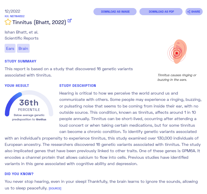 Tinnitus sample report from Nebula Genomics