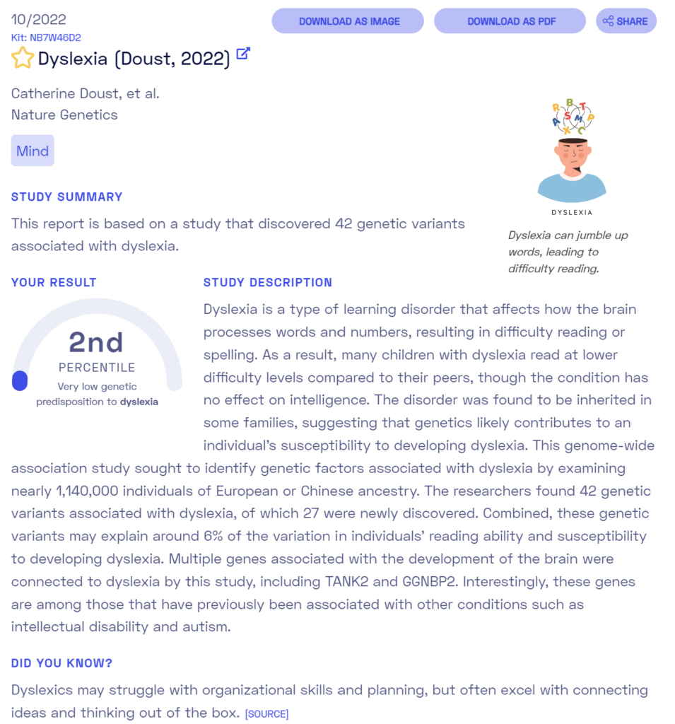 Sample report on dyslexia from Nebula Genomics