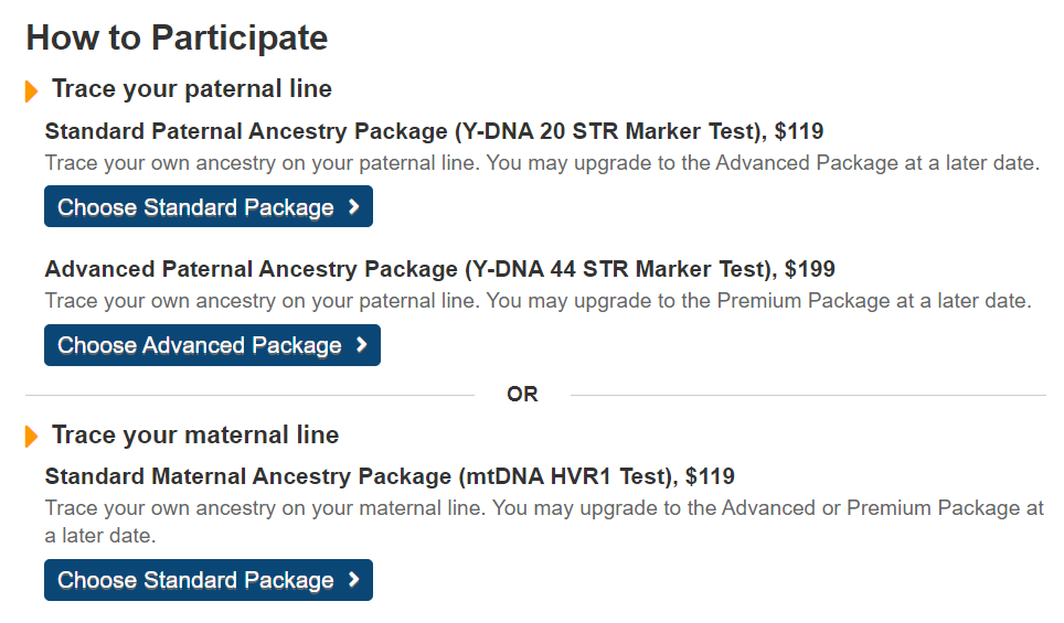 DNA Ancestry Project paternal line options